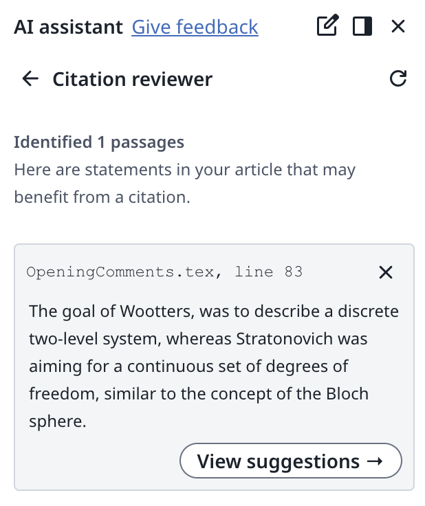 Image showing the result of running the Citation Reviewer. It has identified a passage without a reference and gives me the option to view the suggested references.