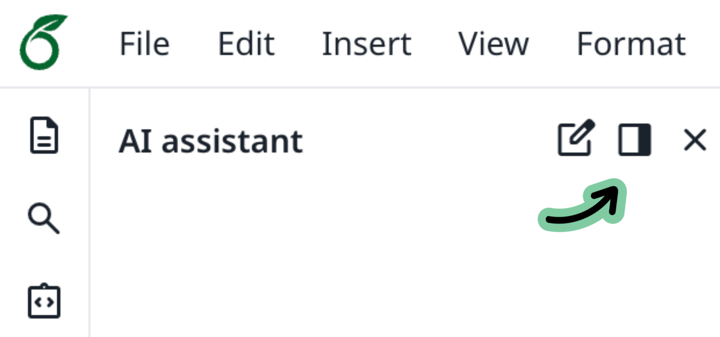 Image of the top of the AI assitant pane indicating the position of the left/right switcher icon between the new chat and close icons.