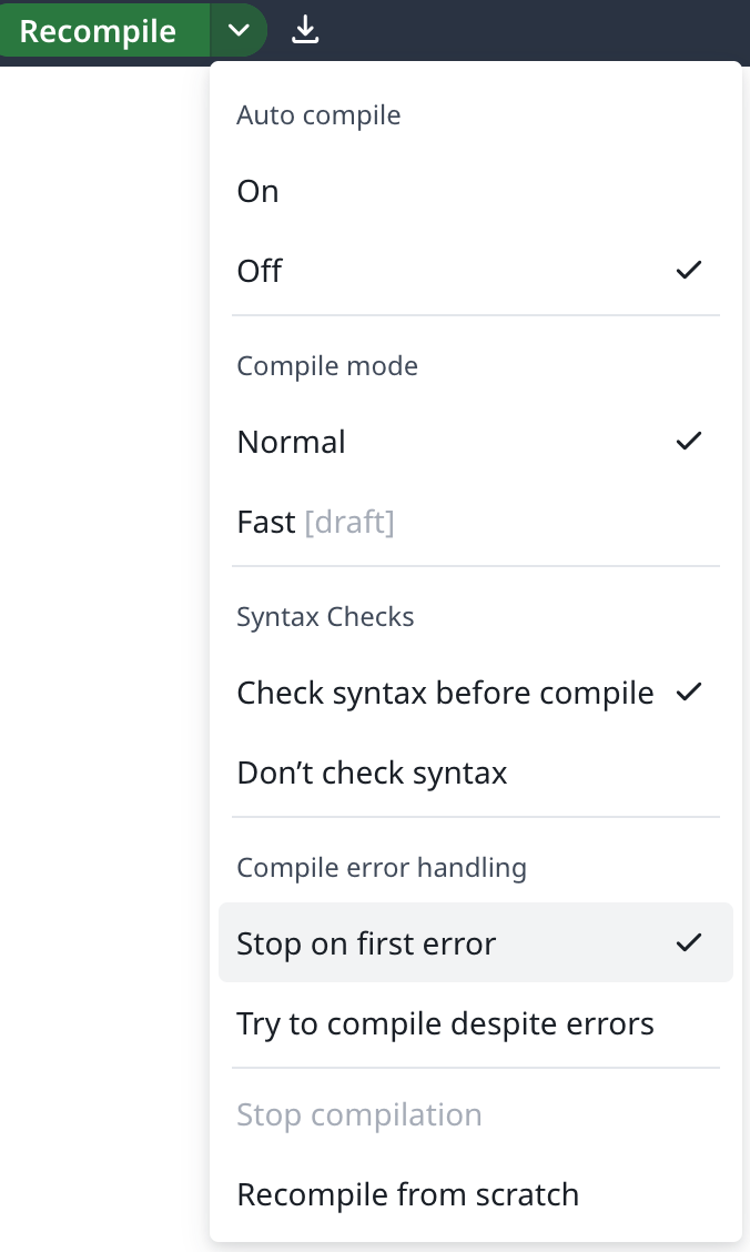 Screenshot of Stop On First Error setting selected