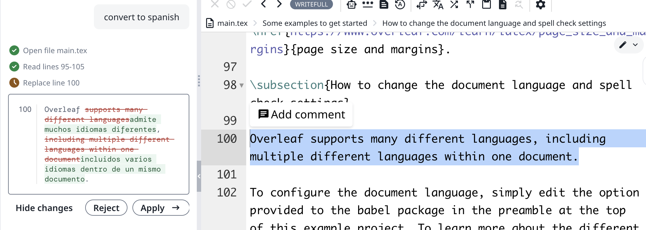 Image showing the AI assistant being directed to act on a highlighted selection. The AI assistant provides a diff form of the result with the option to "Reject" or "Apply"