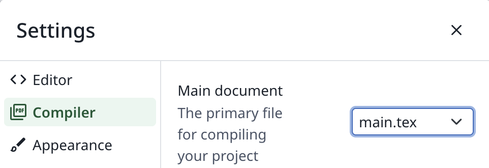 The Compiler tab of the Settings, with Main document option displayed