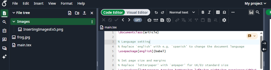 The Overleaf Editor with a folder in the left panel.
