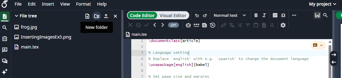 The Folder icon in the Overleaf Editor