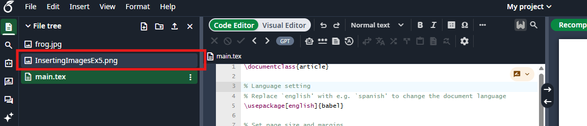 The Overleaf Editor with the image upload in the left panel.