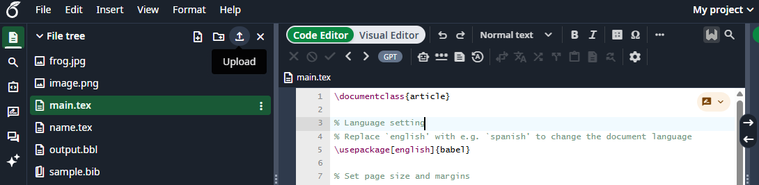 The Upload icon in the Overleaf Editor