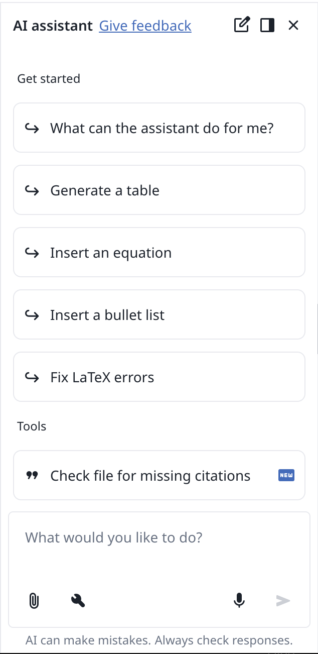 Image showing the open AI assistant with a set of selectable prompt options and an empty chat.
